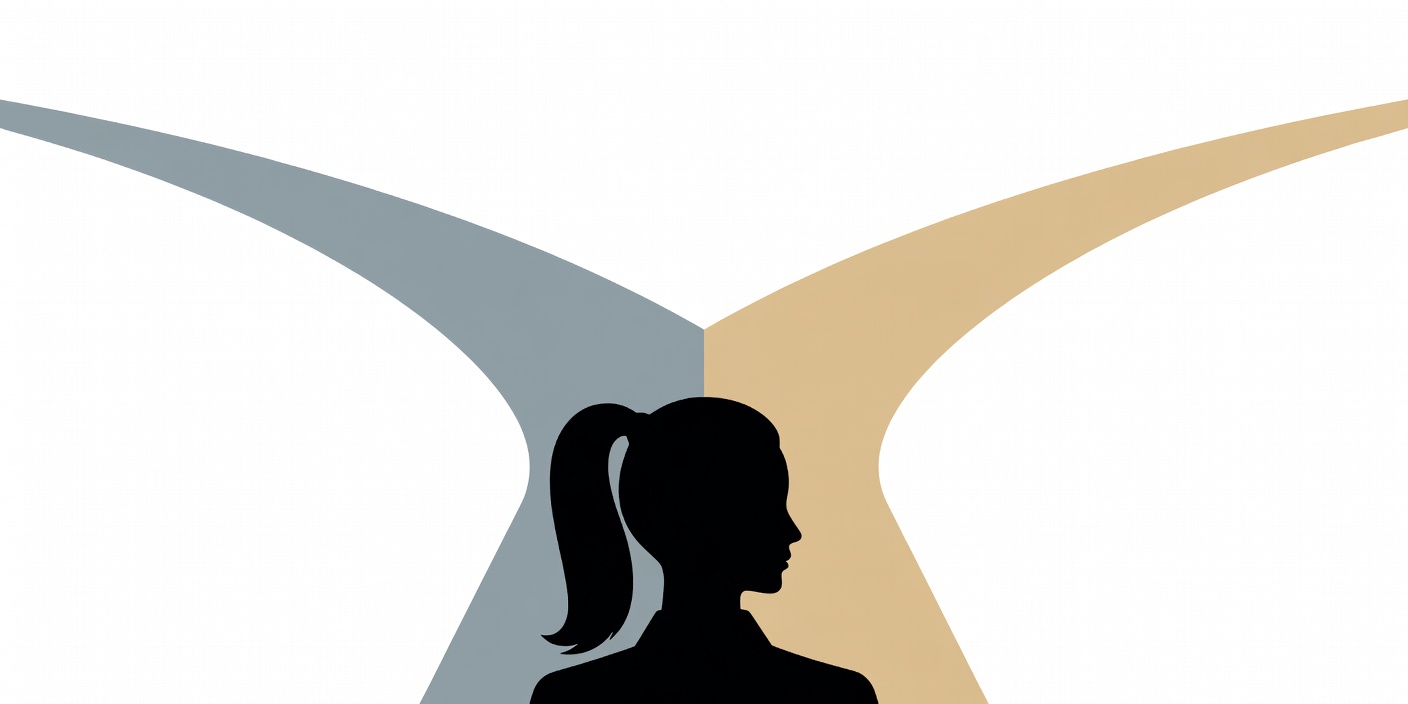 Minimalist flat graphic of Kim Wexler's ponytail silhouette facing two contrasting paths