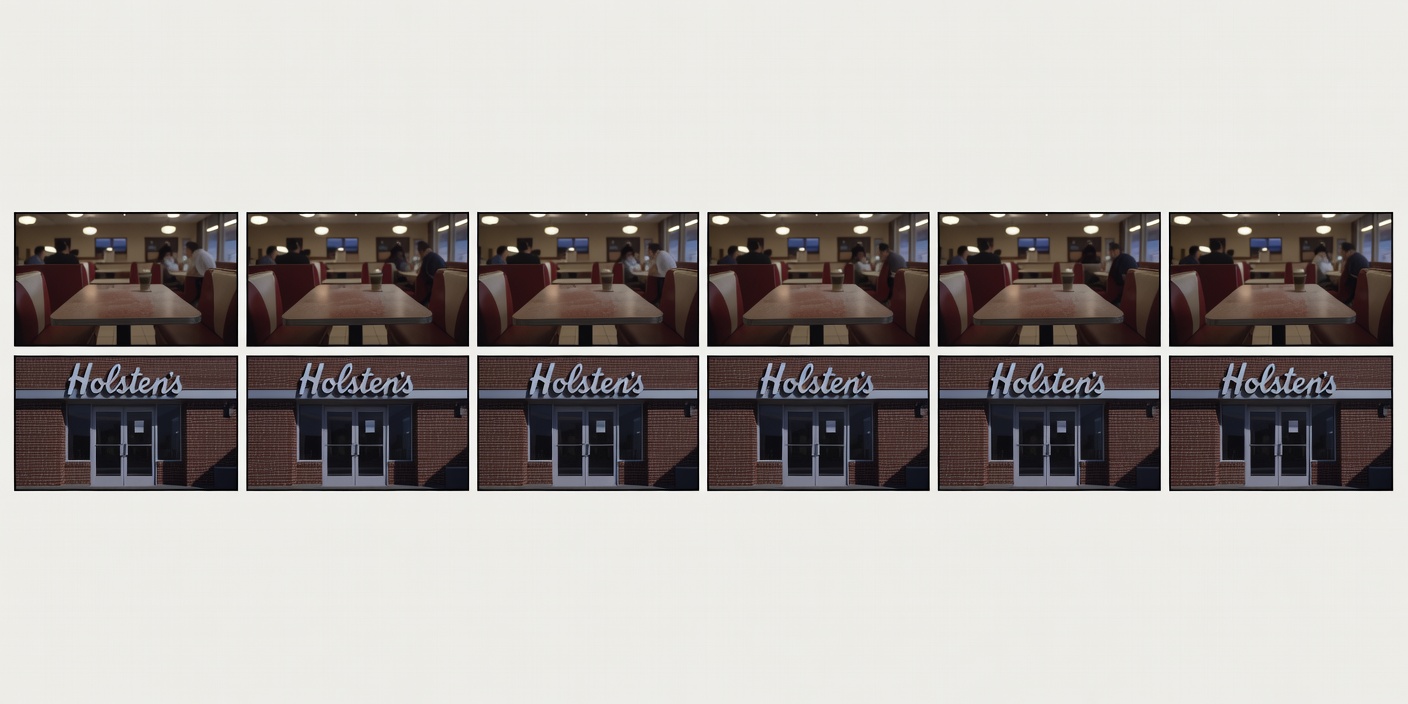 Flat storyboard diagram showing alternating POVs between Tony Soprano and Holsten's diner entrance