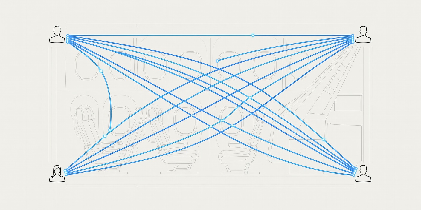 Flat diagram of phone call routes connecting Roman, Kendall, Shiv, and Tom Wambsgans at 30,000 feet