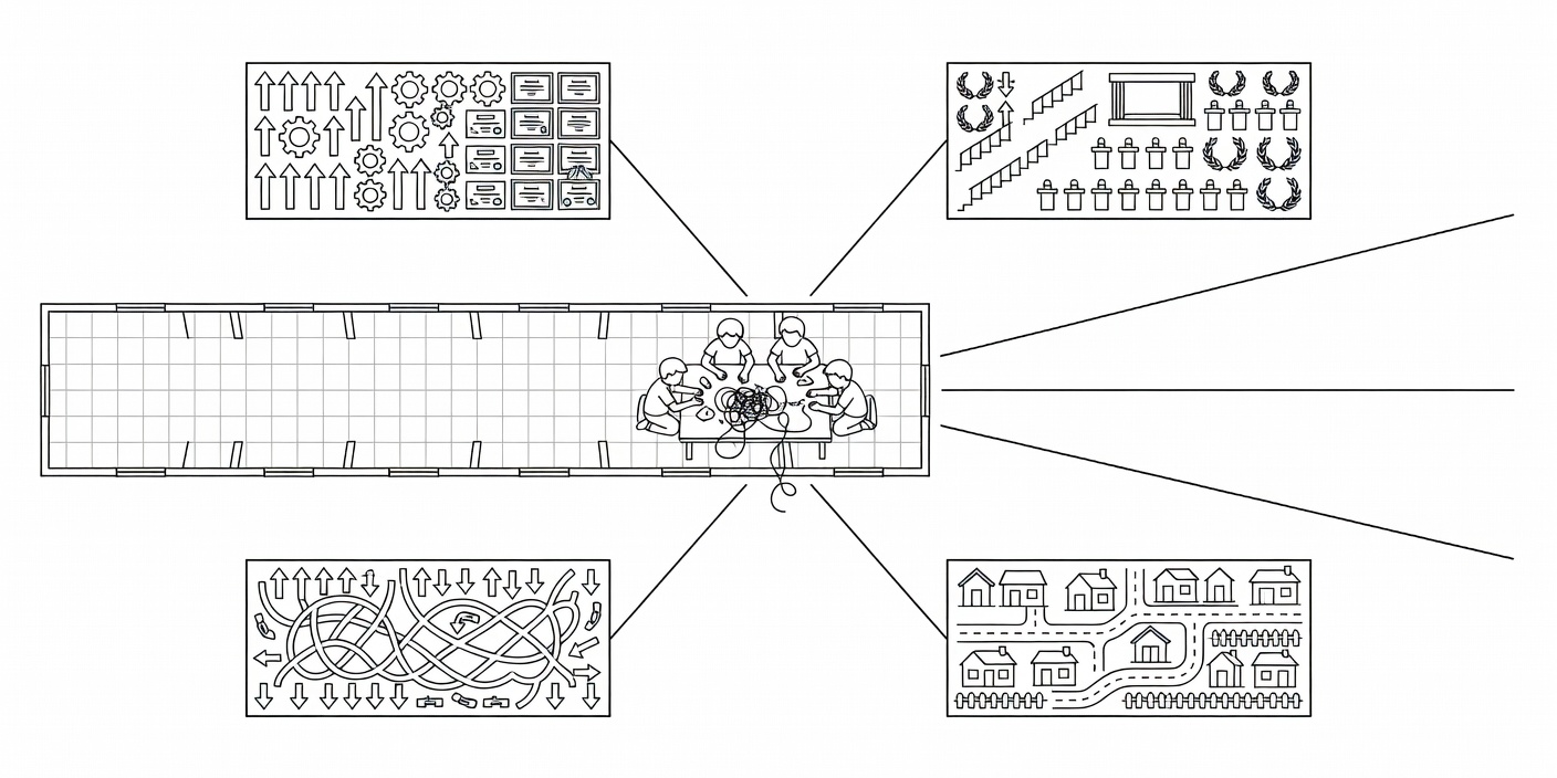 Flat architectural diagram showing four distinct life outcomes diverging from a central classroom corridor